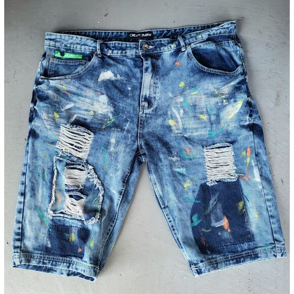 Create 2MRW Distressed Paint Spatter Jeans Shorts Men 42 NWOT Torn Embellished - Picture 1 of 15